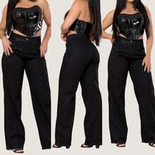 Calça Wide Leg Feminina Preta Cintura Alta Com Brilho Strass - Preto - Visão 7