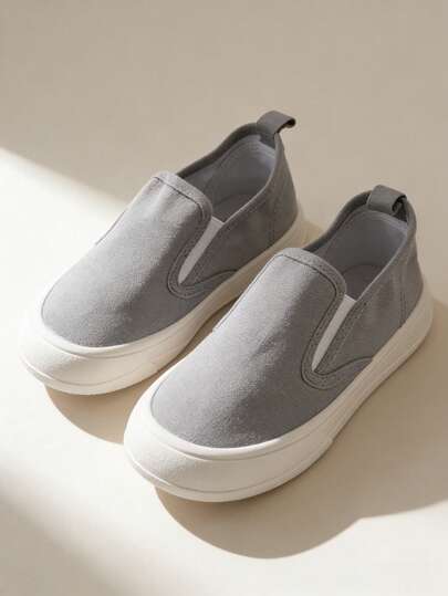 1 Pair Boys' Classic Simple School Style Grey Double Elastic Flat Comfortable Casual Sports Shoes, Suitable For Daily Wear All Seasons