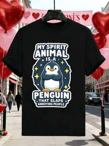 Camiseta divertida para hombre con motivo de pingüino para primavera, material de primera calidad, ajuste cómodo, transpirable, estilo hip-hop callejero, estampado llamativo. - Negro - Ver 2
