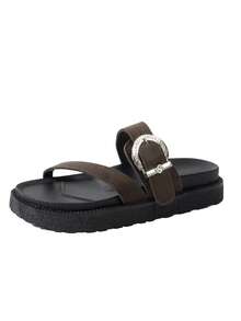 New Fashion Metal Buckle Decor, Open Toe, Platform Thick Bottom Slippers, Fashionable Slides, Comfortable Versatile Beach Sandals, Suitable For Daily Wear - Coffee Brown - View 8