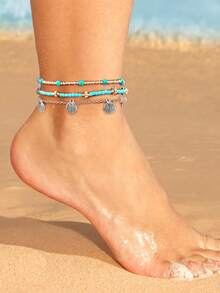 3pcs Stack Anklets Ankle Bracelets For Women Adjustable Waterproof Beach Jewelry Set Boho Gold Seashell Bead Surf Foot Chain Summer Gifts - Multicolor - View 4