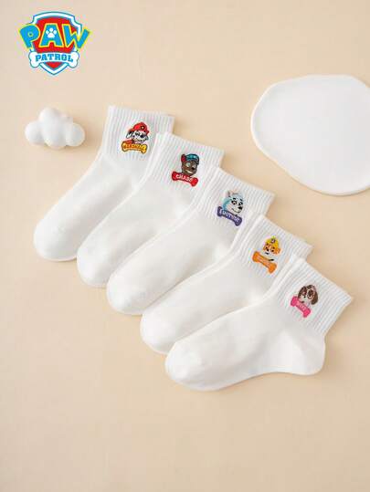  5 Pairs Of Embroidered Paw Patrol Series Archie Plush Daily Little Gravel Letter Stripe Pattern Fun Cartoon-Style Children's Socks, Mid-Calf Socks, Sports Socks, Four Seasons Style, European Size, Comfortable, Breathable, , Rich In Colors, Suitable For Daily Wear, High-Quality Fabric, Does Not Cause Foot Discomfort