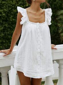 Women Mini Tank Dress Summer Sleeveless Ruffle Loose Dress Short Pleated Dress - 白色 - 查看 3