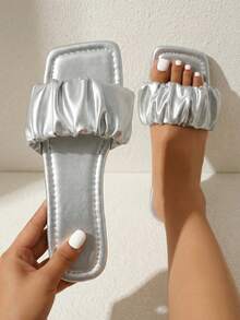planare Kim loại Xù Băng tần đơn Dép xăng đan , Màu bạc Buổi tiệc Màu thuần Dép đi trong nhà - Bạc - Xem 2