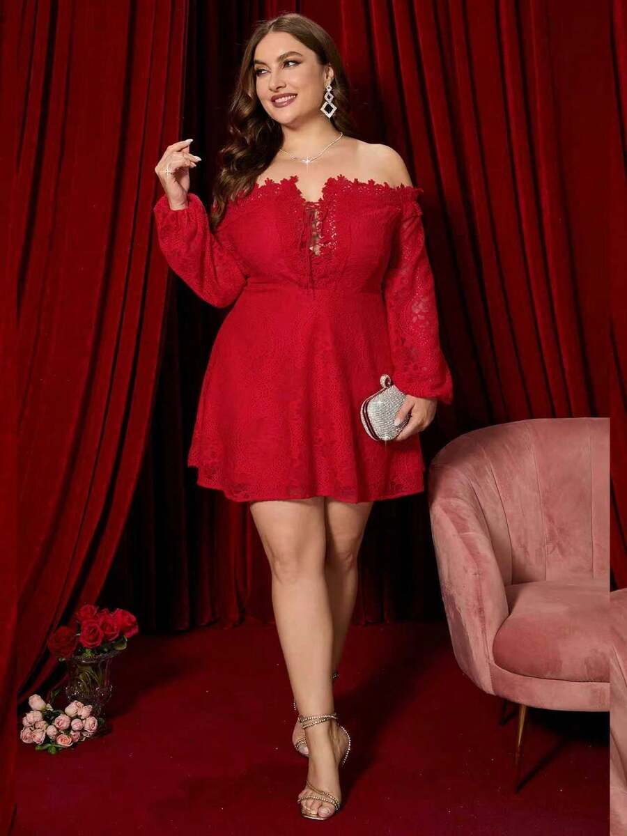 Plus Size Women's Elegant Lace Off Shoulder Lantern Sleeve Waist Cinched Dress, Full Lace Fabric With Refined Texture, Plus Size Flattering And Slimming, Suitable For Summer Date Night, Luxury Party, Gathering With Friends, Summer Festival, Night Event, Holiday Outing - Red - View 1