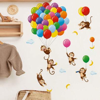 2pcs Cartoon Monkey & Balloon Wall Stickers - Colorful PVC Decals With Playful Monkeys, Bananas, And Balloons - Ideal For Room, Baby Kids Room, Classroom, Or Party Decor, Playful Design | Easy Installation, Monkey Decor, Single Use
