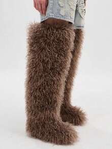 Women's Winter Knee High Boots Pull-On Faux Fur Round Toe Strap Boots For Women Comfy Plush Warm Outdoor Indoor Flat Shoes Punk Party Dressy Furry Fluffy Winter Autumn Fall Boots - 長款棕色 - 查看 3