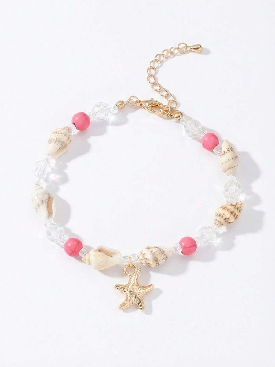 1件海星、贝壳、珍珠串珠手链，波西米亚风沙滩饰品，海星吊坠，贝壳，夏季配饰 - 粉色 - 查看 1
