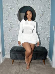 Women's Two-Piece Set, Simple Solid Color, Fashionable, Elegant And Comfortable, Sexy Skirt Set, Tight , Sexy Plush Skirt Set. - trắng - Xem 2