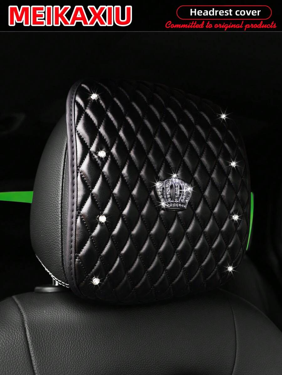MEIKAXIU 1/2pcs Soft Leather Embroidered Rhinestone Bling Bling Crown Car Headrest Cover, Comfortable Car Decor Accessories - Soft Leather Crown Headrest Cushion - View 1