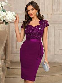 MIUSOL Sequin Lace Sweetheart Neck Ruffle Hem Cocktail Party Bodycon Dress Wedding Spring - Maroon - View 7