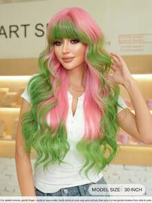 7JHH WIGS 渐变粉色到绿色假发，宽松超长波浪假发，女士30英寸合成波浪卷发假发，带刘海，柔软高品质耐热纤维发丝，全机染假发，适用于万圣节、角色扮演、音乐节、主题派对和庆祝活动。 - 漸層粉紅色 - 查看 5