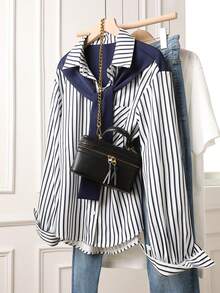 女士长袖条纹衬衫，宽松版型，可拆卸领子，四季皆宜 - 藍白色 - 查看 2