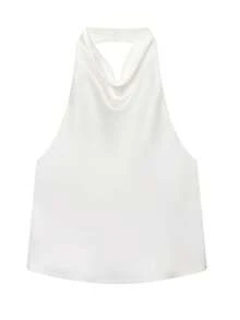 Regata Preta de Cetim Sem Costas para Mulheres, Top de Praia de Verão para Mulheres, Colete Ombro à Mostra Branco para Mulheres - Branco - Visão 4