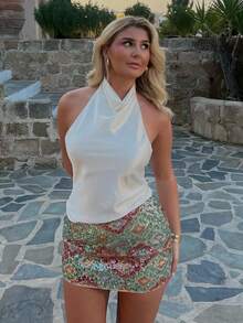 Regata Preta de Cetim Sem Costas para Mulheres, Top de Praia de Verão para Mulheres, Colete Ombro à Mostra Branco para Mulheres - Branco - Visão 2