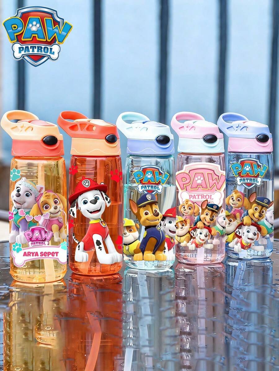 Paw Patrol 1个“成就伟业”可爱卡通图案儿童水瓶，20盎司，带提手和硅胶吸管，防漏盖，4种颜色可选，适合返校、工作、户外运动、旅行、生日、感恩节、毕业、情人节等场合作为礼物 - 彩色 - 查看 1