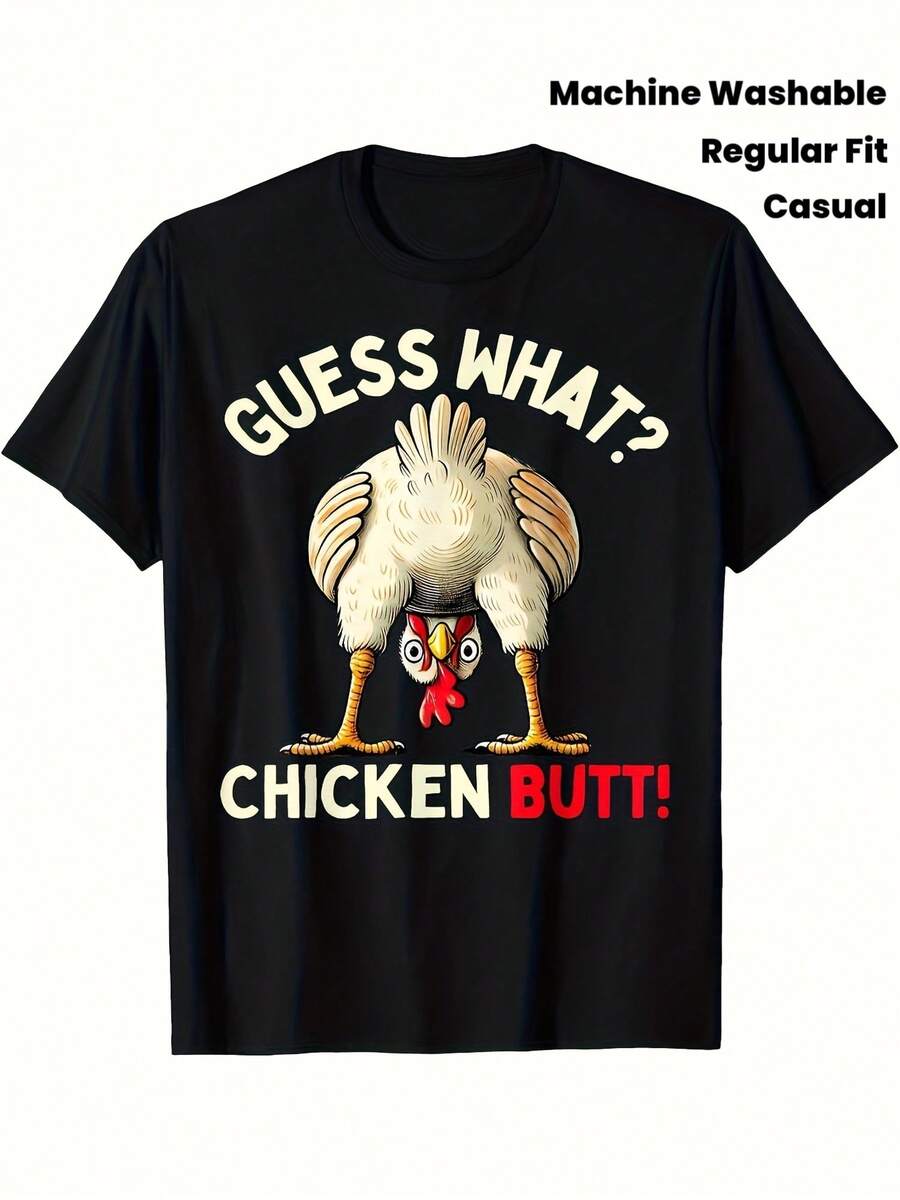 LocalDivertido ¡Adivina qué es el trasero de pollo! Camiseta gráfica 100% algodón 180gsm, camiseta casual de manga corta con diseño de gallo de dibujos animados, lavable a máquina, ajuste regular, camiseta humorística y novedosa para adultos - Negro - Ver 1