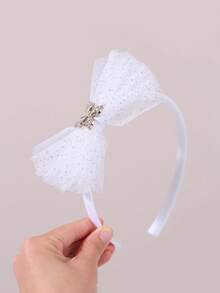 1件白色网纱蝴蝶结发箍，适合女孩，金色水钻蝴蝶结发圈，闪亮亮片蝴蝶结发带，甜美公主风蝴蝶结发箍，青少年发饰 - 白色 - 查看 4