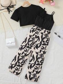 Purechapter 2pcs Girls Splice Contrast Color Jumpsuit With Metal Buckle Decor, Paired With Black Short Sleeve Cardigan, Suitable For Casual, Outdoor Activities - Black - View 2