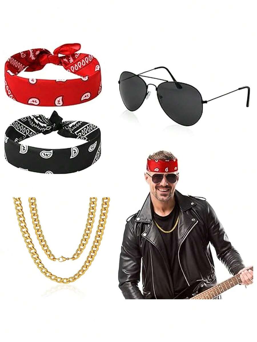 4PCS/SET - Disco Retro Staple 4-Piece Set - Red & Black Bandanas, Gold Chain & Fashion Glasses | Mix & Match For Carnival & Party Vibe - Multicolor - View 1