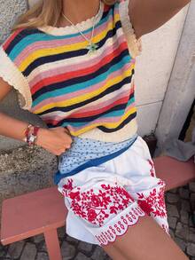 Joy Knit 女士春夏新款时尚单品，夏季假日，春季女装，简约休闲时尚百搭，女士休闲上衣，情人节，彩色条纹撞色滚边圆领针织背心，适合休闲外出、日常穿着、海滩度假、外出上衣、假期穿着 - 杏色 - 查看 3