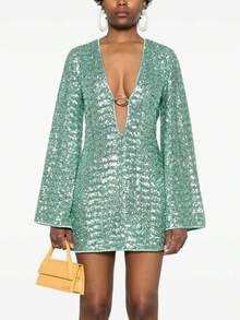 Women Sequin Losses Dress V Neck Long Sleeve Cocktail Party Dresses - 綠色 - 查看 5