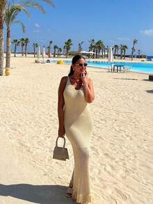 Women's Minimalist Elegant Knit Dress, Casual Chic Style, Spring/Summer - Camel - View 5