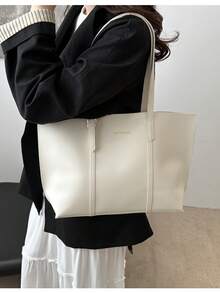 2pcs/Set Solid Color Large Capacity Shoulder Tote Bag And Clutch Purse, Made Of PU Leather, Suitable For Girls/Women Daily Use, Work And Shopping, Also Can Be Mother-Daughter Matching, Best Gift For Mother's Day - Beige - View 4