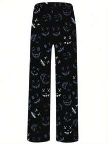 Men's Black Sketch Funny Face Print Casual Pants With Drawstring Waist And Pockets, Suitable For Loungewear Or Sleepwear
