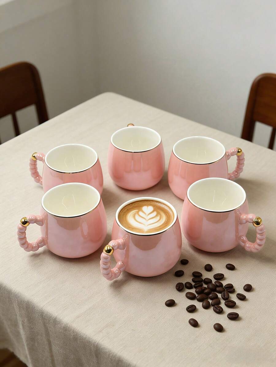 2/1pc 270ml Elegant Ceramic Coffee Mug, Pearl White Cup With Gold Rim Cappuccino Cup, Minimalist Handle Design, Popular Ins Style, Office & Home Milk Cup, Living Room Tea Cup, High-End Mug, Couple Gift, Microwave - Multicolor - View 1