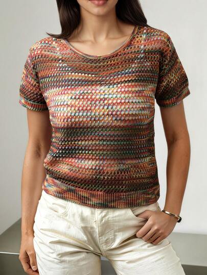 Camiseta de punto de verano con diseño hueco y colorido para mujer, blusa de manga corta para vacaciones
