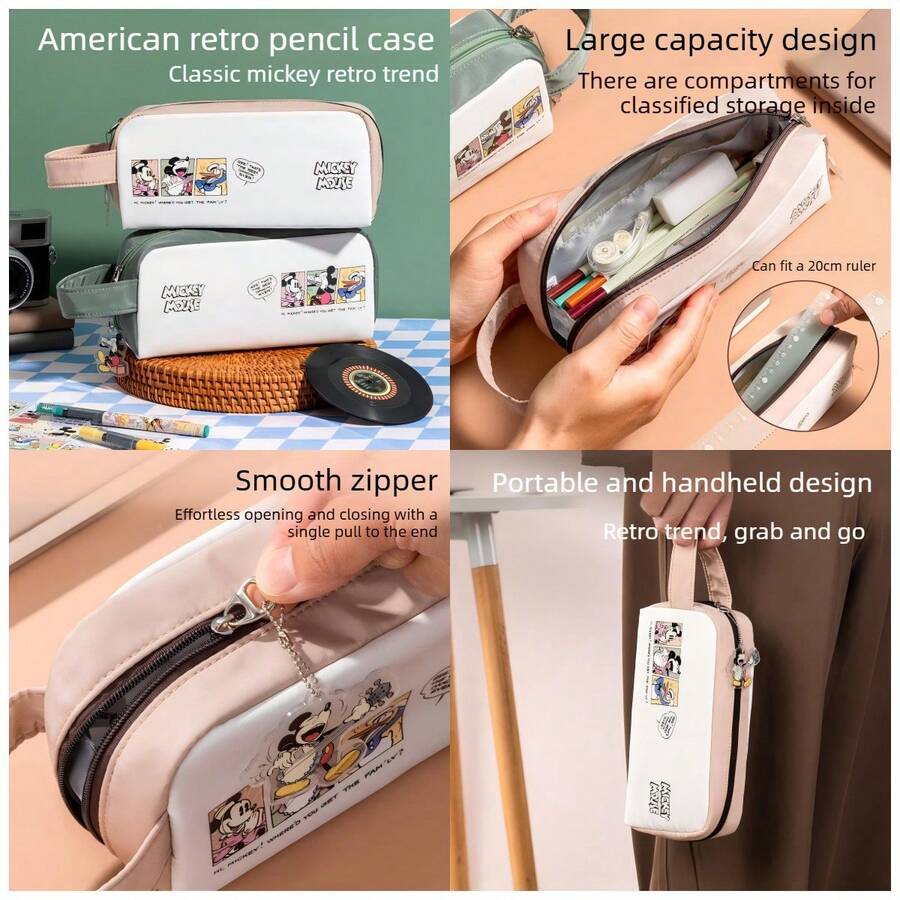 米奇复古彩色铅笔盒，大容量，简约高档，适合中小学生携带文具，多功能收纳袋，多层设计，分类收纳，附赠米奇亚克力挂件，男女通用，是理想的学习用品、返校礼物和生日礼物。