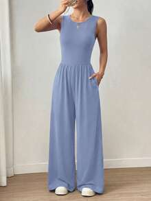 Women Casual Jumpsuits Summer Crew Neck Sleeveless Knit Wide Leg Pants Romper One Piece Beach Vacation Holiday Outfits - xám xanh - Xem 2