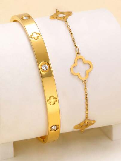 Vintage High-Quality Stainless Steel Zirconia Flower Jewelry Bracelet & Bangle Set, Suitable For Women Valentines,Mom,Mother,Mother's Day,Gift