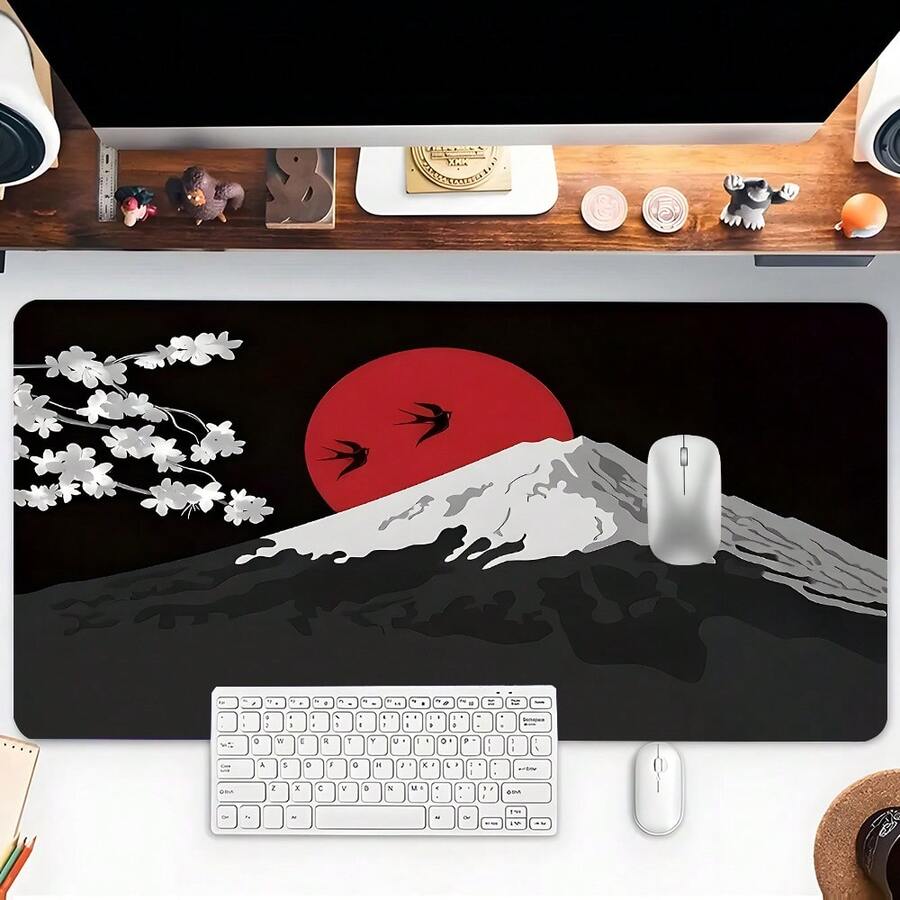 1PC Mount Red Sun & Sakura Desk Mat, Fashion Design Extended Mouse Pad For Office & Gaming, Aesthetic Desktop Protection Pad, Washable Rubber Pad Non-Slip Lock Edge Multi-Size Mouse Pad Suitable For Home Office, Good Gift For Family And Friends - Color - View 1