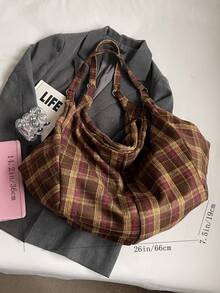 1 pieza Bolso casual de mujer a cuadros marrones, bolso hobo versátil y retro, cierre de cremallera ligero con doble asa, adecuado para uso diario, bolso de estudiante de escuela/universidad, bolso de hombro minimalista para viajes con gran capacidad - Marrón - Ver 2
