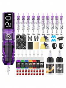 DQFART 1600mAh Power Supply Wireless Tattoo Machine Kit, With Digital Display, Professional Tattoo Kit Includes 10pcs Tattoo Needles, 7 Bottles (5ml) Tattoo Ink, 1 Bottle (15ml) Tattoo Transfer Gel, 1 Bottle (20ml) Diluter, Tattoo Stencils, Suitable For Beginners And Professional Tattoo Artists - Purple - View 13