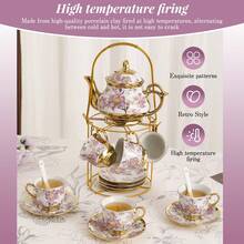 20-Piece Floral Porcelain Tea Set With Serving Tray - Elegant Purple Teapot (15oz) & Matching Tea Cups (3oz) With Saucers, Complete Afternoon Tea Party Collection For Adults, Home Decor, Hostess & Holiday Gift,Valentine's Day Gifts Christmas Gifts - 紫色 - 查看 4