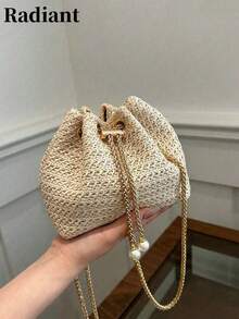 时尚纯色镂空编织链条抽绳迷你斜挎水桶包，小包 - 白色 - 查看 12