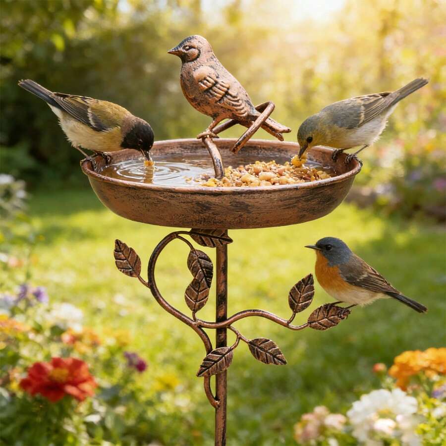 复古铁艺3D鸟形鸟浴盆，鸟浴碗 | 斋月/开斋节/新年装饰，庭院喂鸟器，馈赠亲友，花园高脚架装饰 - 彩色 - 查看 1