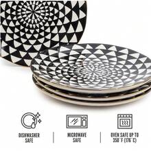Set Of Four Elegant Black And White Stoneware Dinner Plates With Medallion Pattern - Multicolor - View 4