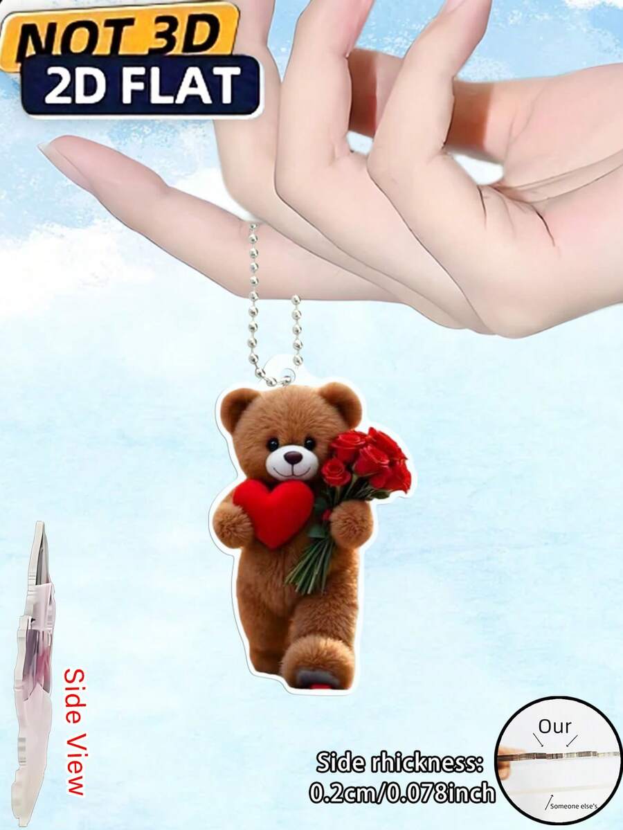 2D Flat Romantic Bear Keychain - Cute Teddy Bear With Red Heart And Flowers, Durable Metal Chain, Perfect Gift For Christmas, Birthday And Parties