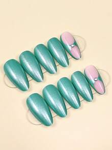 24片法式蝴蝶结美甲贴片，杏仁形，绿色，美甲用品，适合日常佩戴 - 彩色 - 查看 4