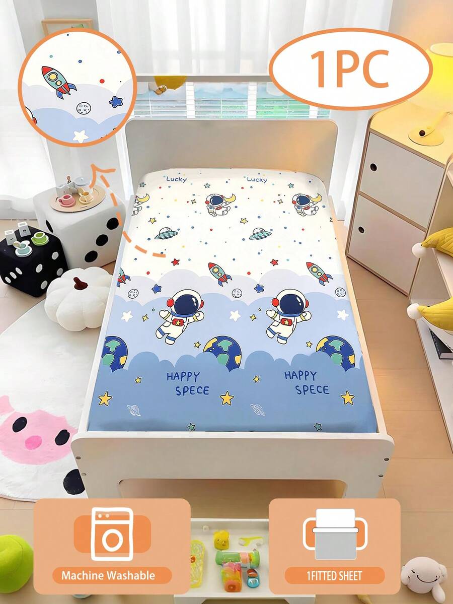 1件装 110克 宇航员主题床单，儿童卡通床单，100% 涤纶材质，婴儿拼接床单，3D 印花卡通床单，100% 水洗超细纤维制成（1张床单，不含填充物），适用于儿童房、幼儿园午睡床、婴儿床、婴幼儿及学龄前儿童（床单边缘高度15厘米） - 彩色 - 查看 1