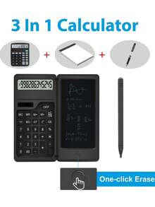 1 PIEZA Calculadora solar portátil y plegable 3 en 1 - Pantalla de escritura reutilizable con borrado con un solo clic, gran pantalla, teclas silenciosas, multifuncional para escritorio y viaje, para estudiantes, escuela, estudio, oficina y suministros de papelería - Calculadora T3 (Solar + Batería) - Ver 6