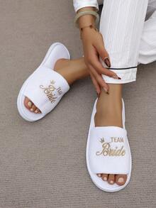 Women's Disposable Slippers With Gold Crown Pattern, Mint Green Crown Pattern And "" Embroidered Logo, Open Toe, White Coral Fleece Material, Wedding Bridesmaid Use - Multicolor - View 3