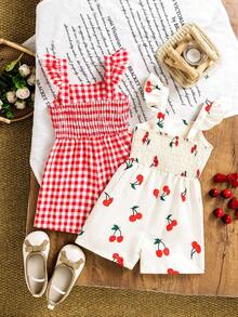 2pcs/Set Baby Girls' Cherry & Plaid Print Ruffle Sleeve Casual Romper Set, Summer - Multicolor - View 2
