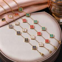 1件时尚不锈钢四叶草和仿珍珠母贝手链，高端花卉首饰，送给女朋友的礼物 - 金色 - 查看 7