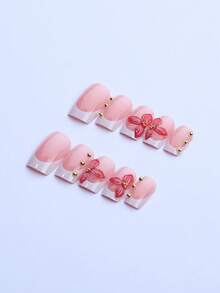 24pcs Y2k Style Nails Medium Square Press On Nails White French Glossy Full Cover Fake Nail Graceful False Nails With Flower And Golden Pearls For Women And Girls - Includes Nail File & Jelly Adhesive - Multicolor - View 2