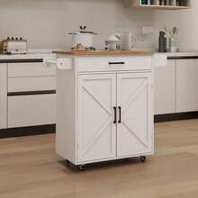 Kitchen Island Rolling Trolley Cart With Adjustable Shelves & Towel Rack & Seasoning Rack Rubber Wood Table Top-White